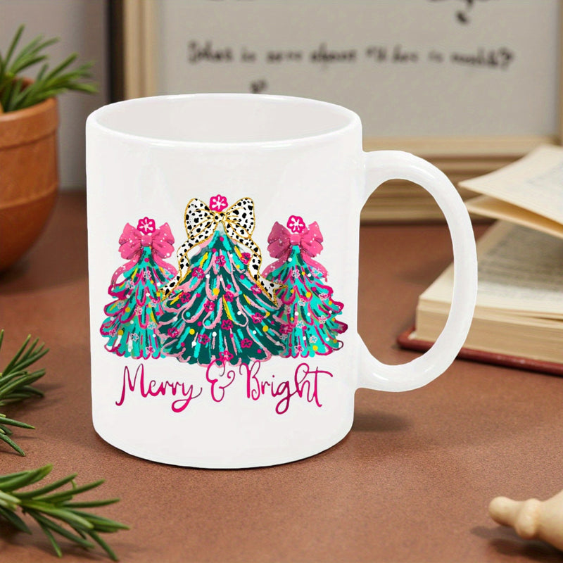 Tailorly White Ceramic 11 oz Mug - Merry Bright Three Stylized Colorful Christmas Trees With Pink And Leopard Bows Tree