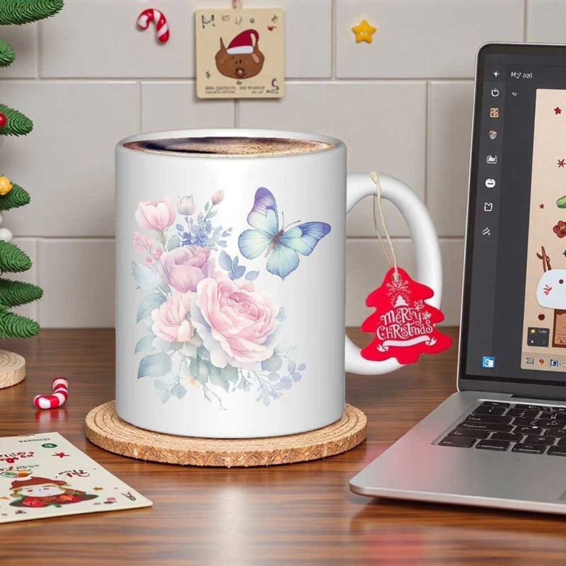 Tailorly White Ceramic 11 oz Mug - Soft Watercolor Pink Roses With Blue Butterfly Among Elegant Pastel Petals Flower