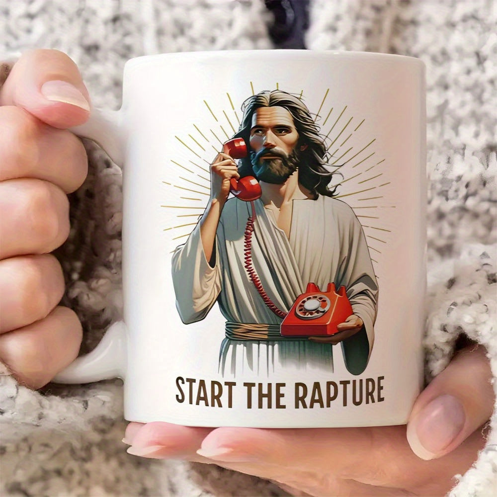 Tailorly White Ceramic 11 oz Mug - Start The Rapture Bearded Man Holding Vintage Red Rotary Phone With Radiating Light Rays Portrait
