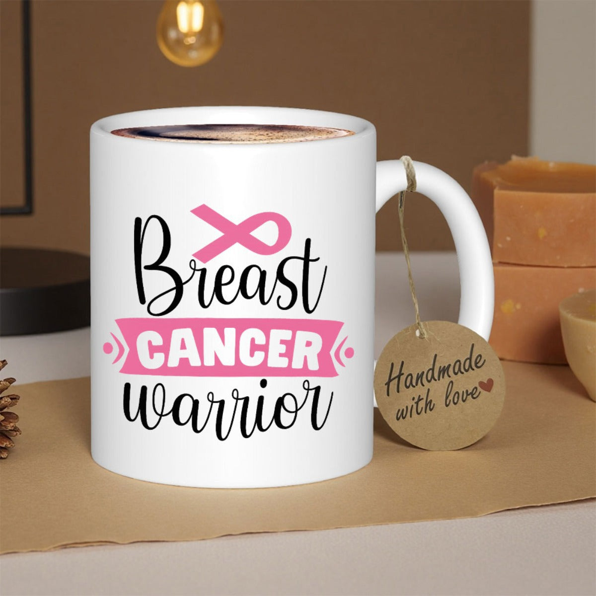 Tailorly White Ceramic 11 oz Mug - Breast Cancer Warrior Elegant Pink Awareness Ribbon Symbolizing Strength For Brave Survivors Support Ribbon