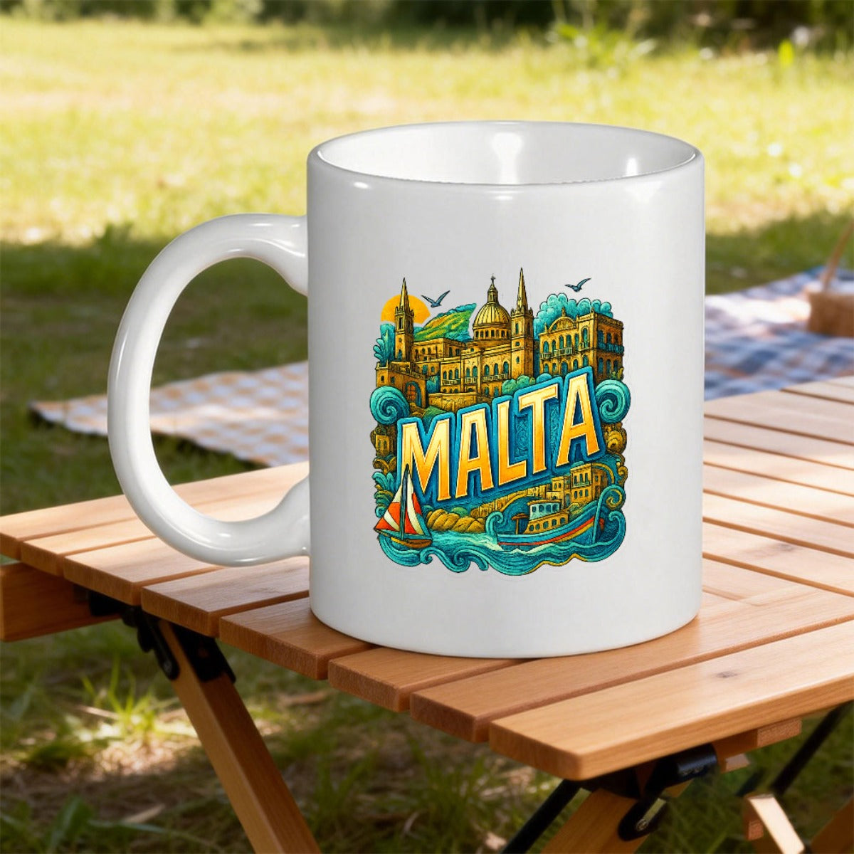 Tailorly White Ceramic 11 oz Mug - Malta Vibrant Coastal Architecture With Historic Buildings And Ocean Waves Under Sunny Sky Scenery