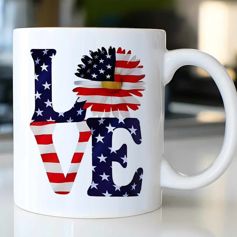 Tailorly White Ceramic 11 oz Mug - Love Patriotic American Flag Stars And Stripes Pattern Inside A Blooming Daisy