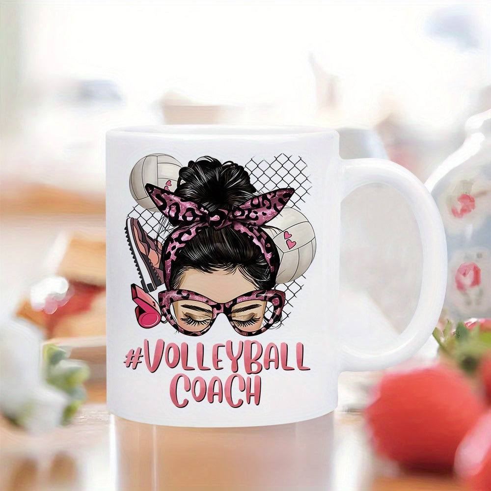 Tailorly White Ceramic 11 oz Mug - Volleyball Coach Stylish Messy Bun Wearing Leopard Print Bow Among Sporting Elements Girl