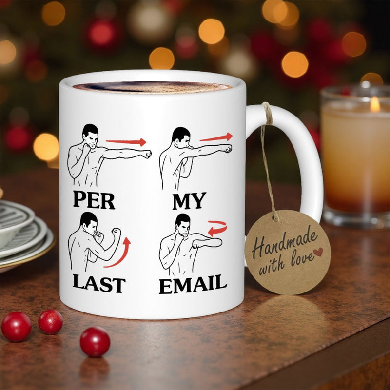 Tailorly White Ceramic 11 oz Mug - Per My Last Email Four Different Boxing Positions With Red Arrows Showing Movement Directions Man