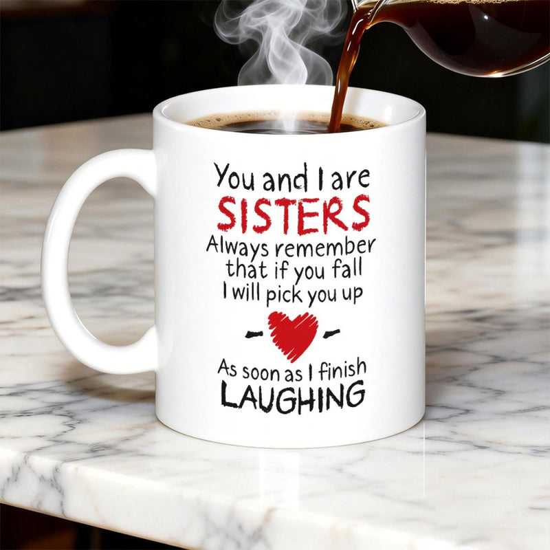 Tailorly White Ceramic 11 oz Mug - You And I Are Sisters Always Remember That If You Fall I Will Pick You Up As Soon As I Finish Laughing Minimalist White Ceramic