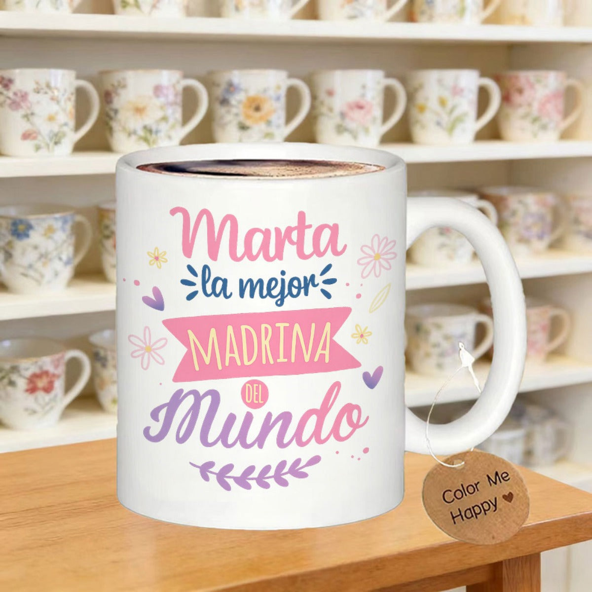 Tailorly White Ceramic 11 oz Mug - Color Me Happy Elegant Floral Motifs With Hearts And A Decorative Banner Mug