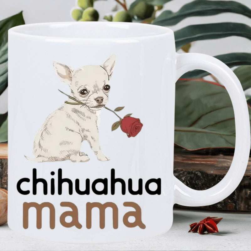 Tailorly White Ceramic 11 oz Mug - Chihuahua Mama Adorable Small White Puppy Holding A Red Rose Stem In Its Mouth Chihuahua