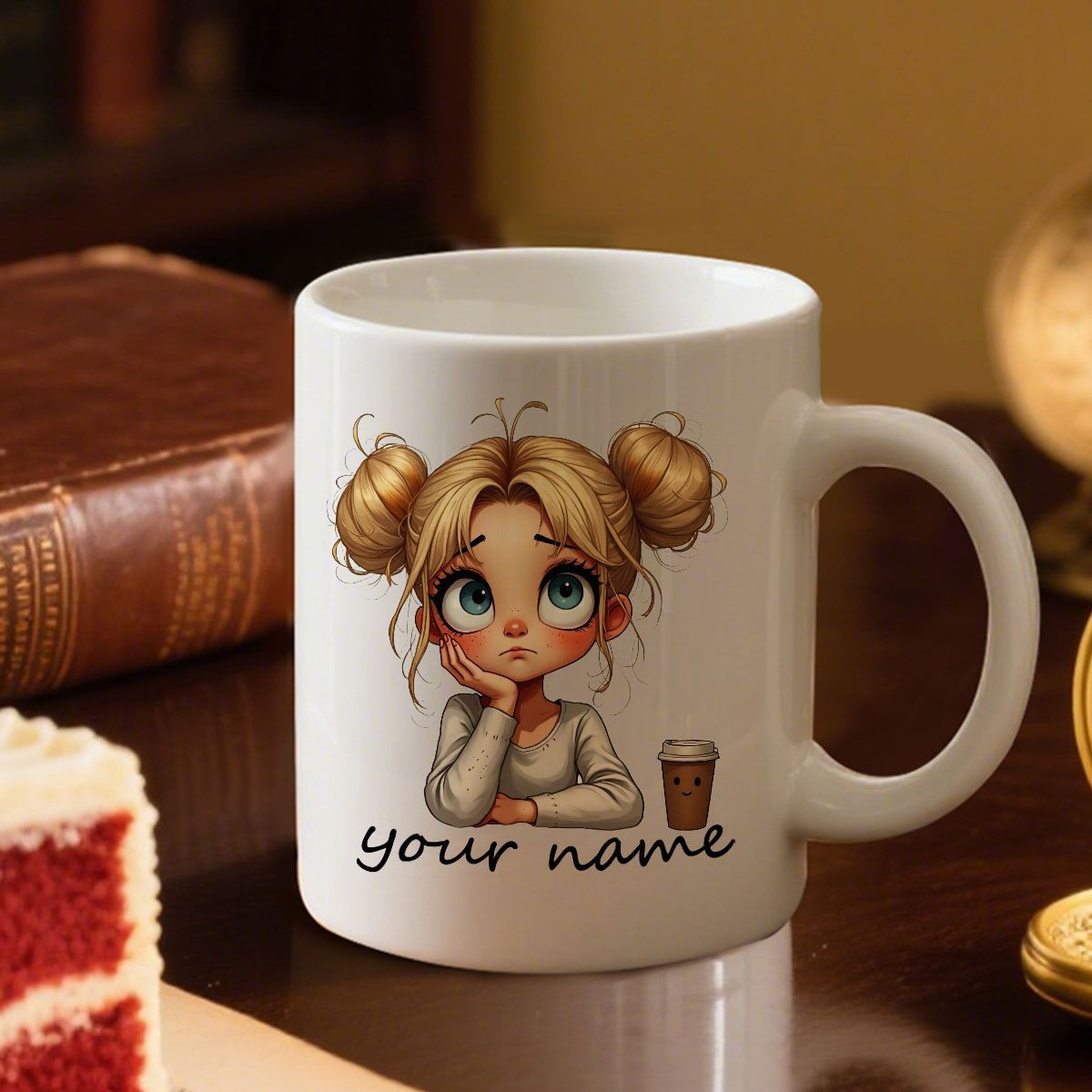 Tailorly White Ceramic 11 oz Mug - Your Name Adorable Blonde Girl With Double Buns Resting Her Chin In Thought Girl