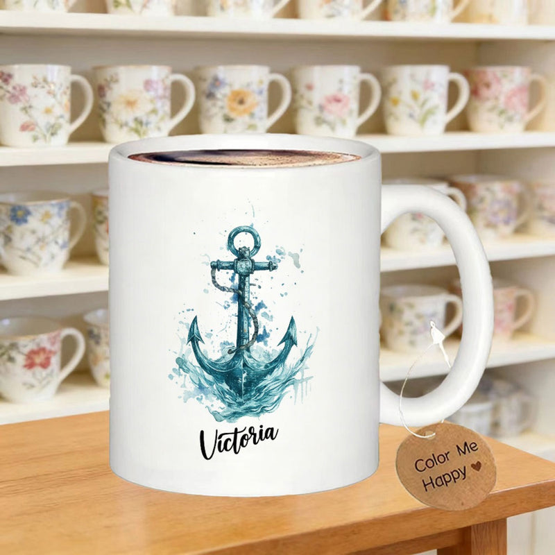 Tailorly White Ceramic 11 oz Mug - Victoria Rustic Blue Watercolor Design Splashing Through Majestic Ocean Waves Anchor