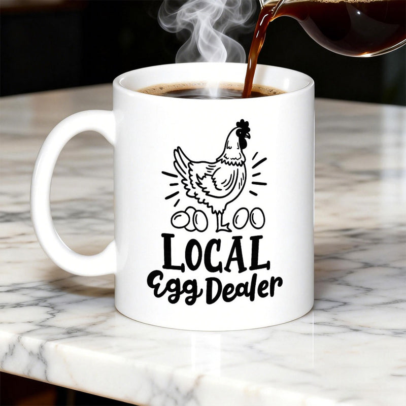 Tailorly White Ceramic 11 oz Mug - Local Egg Dealer Minimalist Hand Drawn Hen Standing Over Farm Fresh Eggs Hen