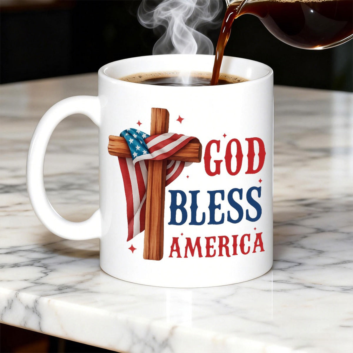 Tailorly White Ceramic 11 oz Mug - God Bless America Rustic Wooden Cross Draped With American Flag Under Twinkling Little Stars Cross