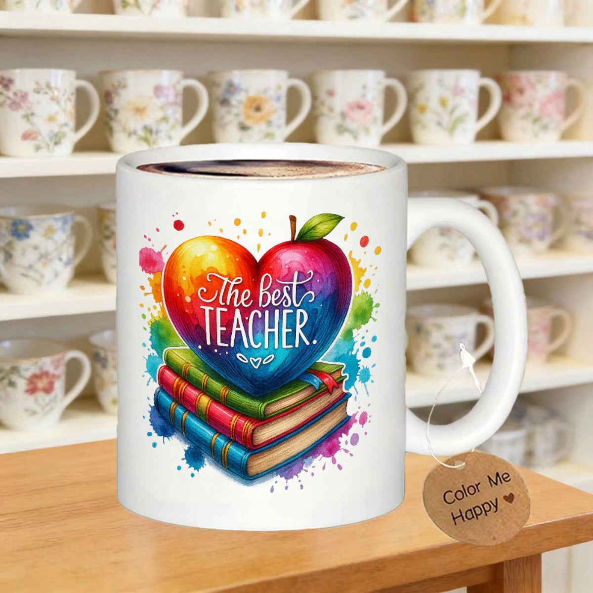 Tailorly White Ceramic 11 oz Mug - The Best Teacher Vibrant Rainbow Heart Shaped Apple Resting On Colorful Stacked School Books Apple