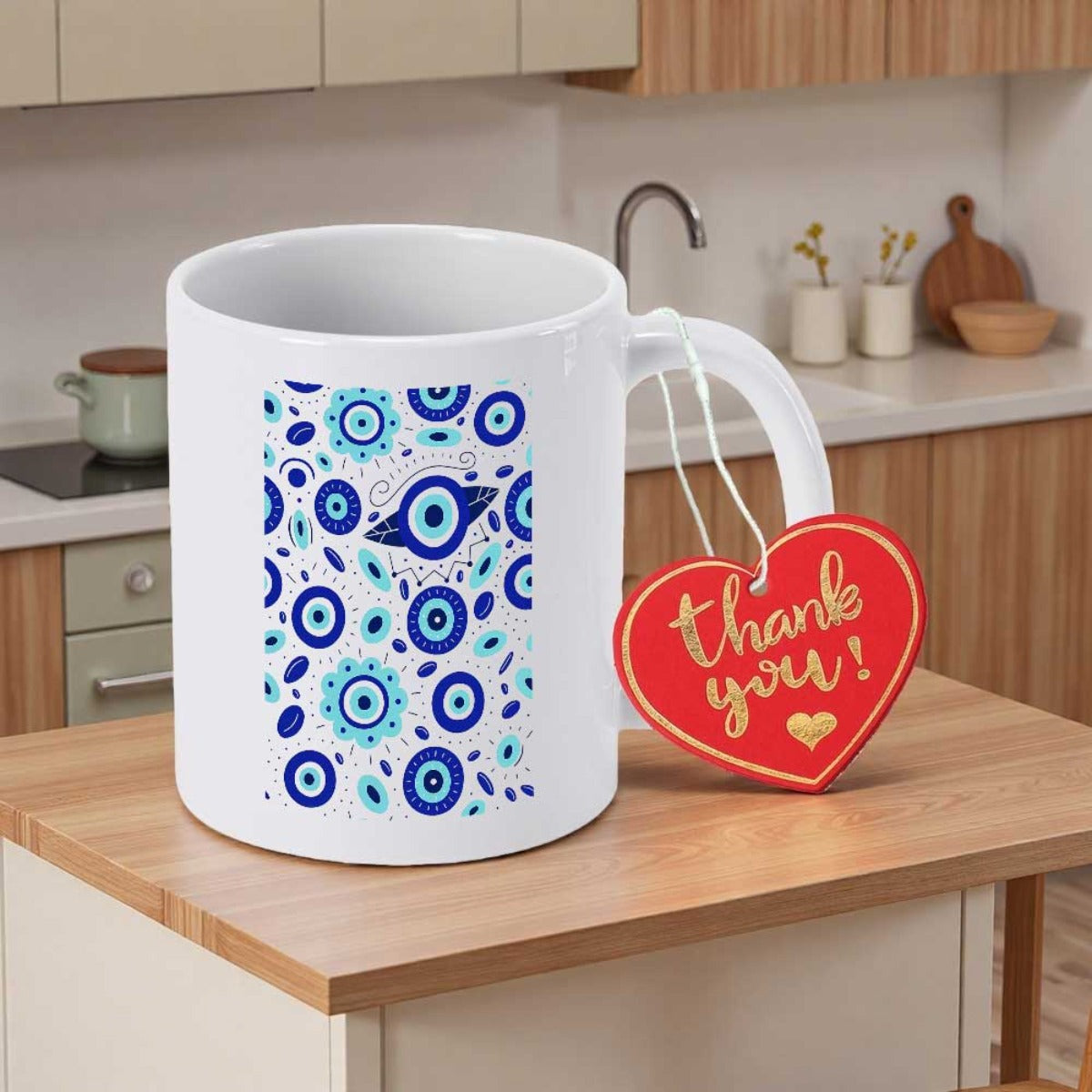 Tailorly White Ceramic 11 oz Mug - Thank You Blue Concentric Circles Nazar Patterns Scattered Across Smooth
