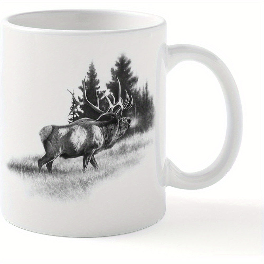 Tailorly White Ceramic 11 oz Mug - Majestic Bull Elk Standing In Grayscale Meadow Surrounded By Pine Forest Elk