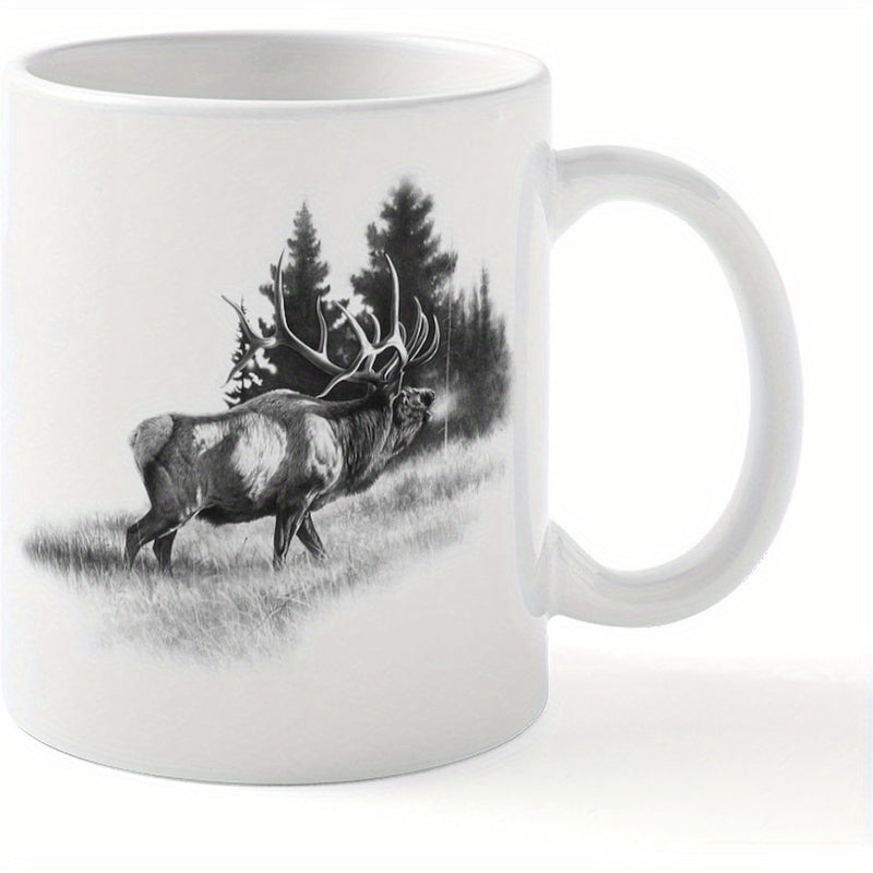Tailorly White Ceramic 11 oz Mug - Majestic Bull Elk Standing In Grayscale Meadow Surrounded By Pine Forest Elk