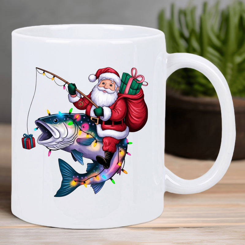 Tailorly White Ceramic 11 oz Mug - Festive Santa Claus Riding Large Fish Decorated With Colorful Holiday Lights Fish