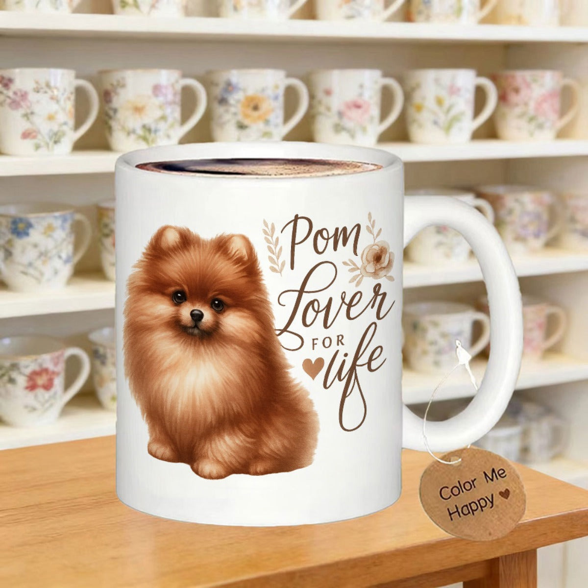 Tailorly White Ceramic 11 oz Mug - Pom Lover For Life Adorable Fluffy Brown Dog Sitting Peacefully Among Elegant Floral Elements Pomeranian