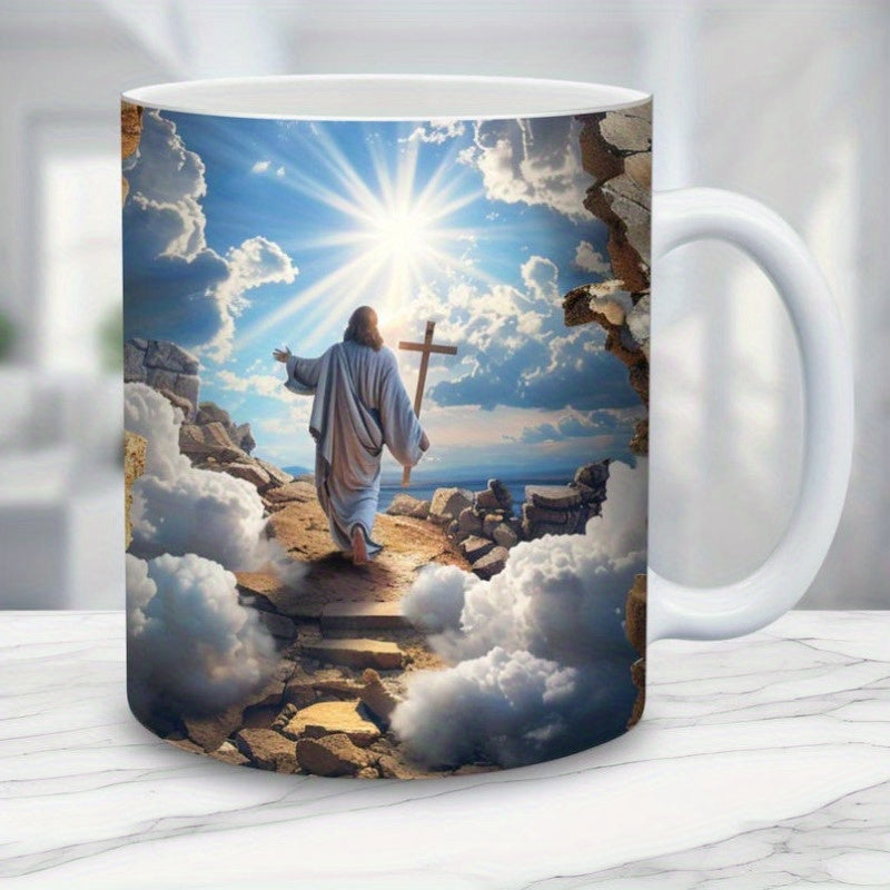 Tailorly White Ceramic 11 oz Mug - Divine Figure Carrying Wooden Cross Walking Toward Radiant Heavenly Sun Jesus