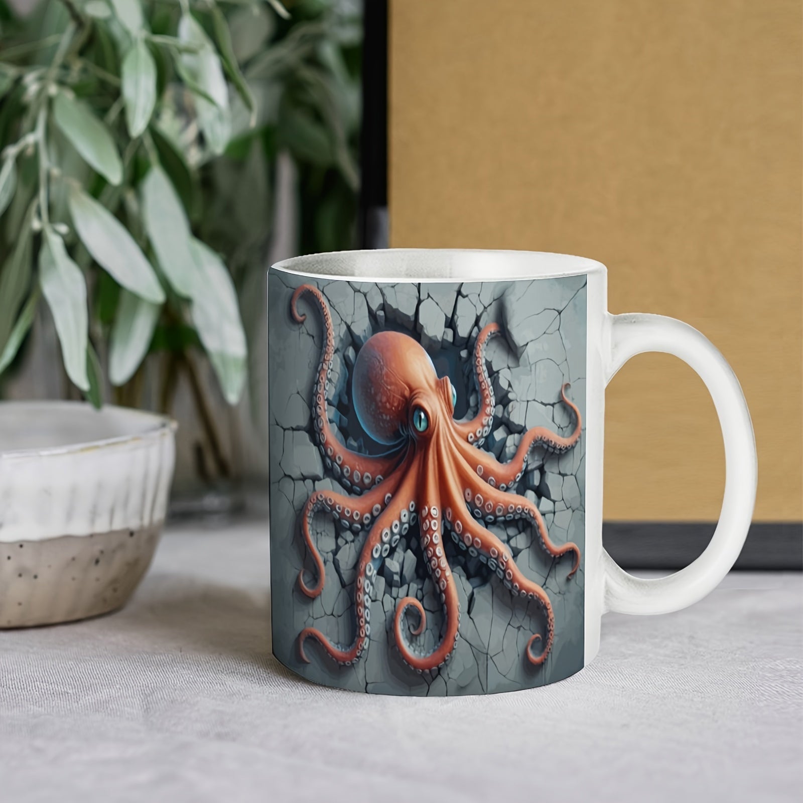Tailorly White Ceramic 11 oz Mug - Vibrant Orange Creature Breaking Through A Realistic Stone Wall Texture Octopus