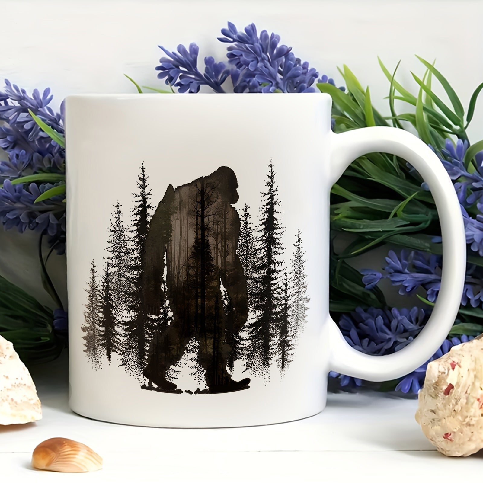 Tailorly White Ceramic 11 oz Mug - Mysterious Silhouette Walking Through Dense Pine Trees Within A Misty Forest Sasquatch
