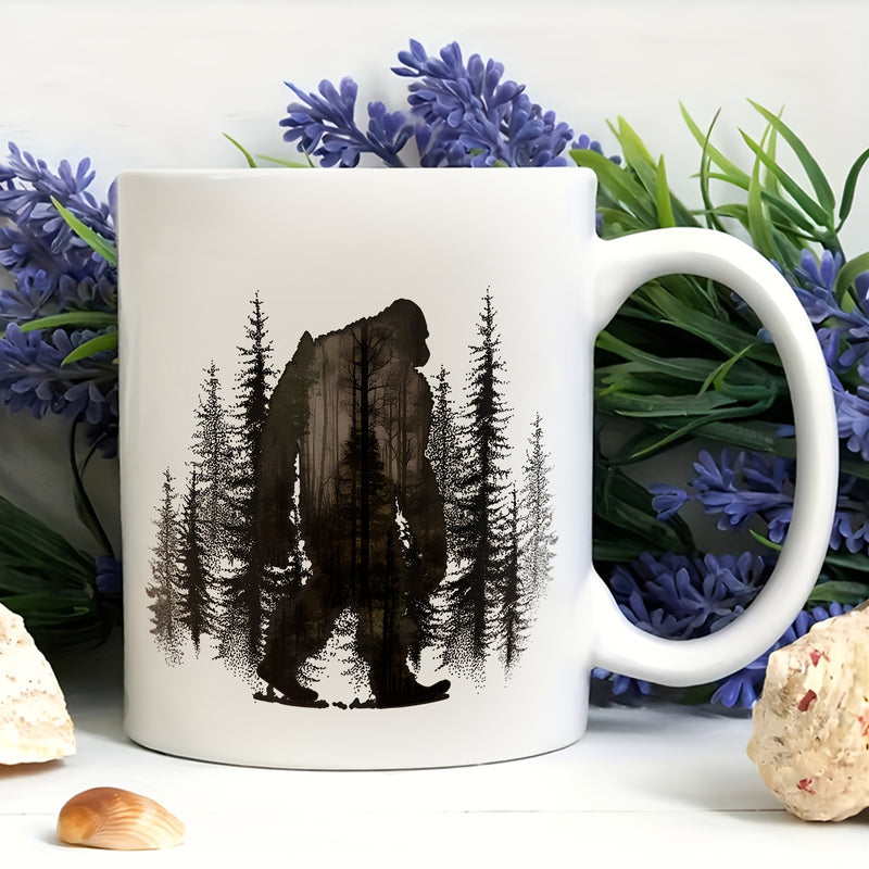 Tailorly White Ceramic 11 oz Mug - Mysterious Silhouette Walking Through Dense Pine Trees Within A Misty Forest Sasquatch