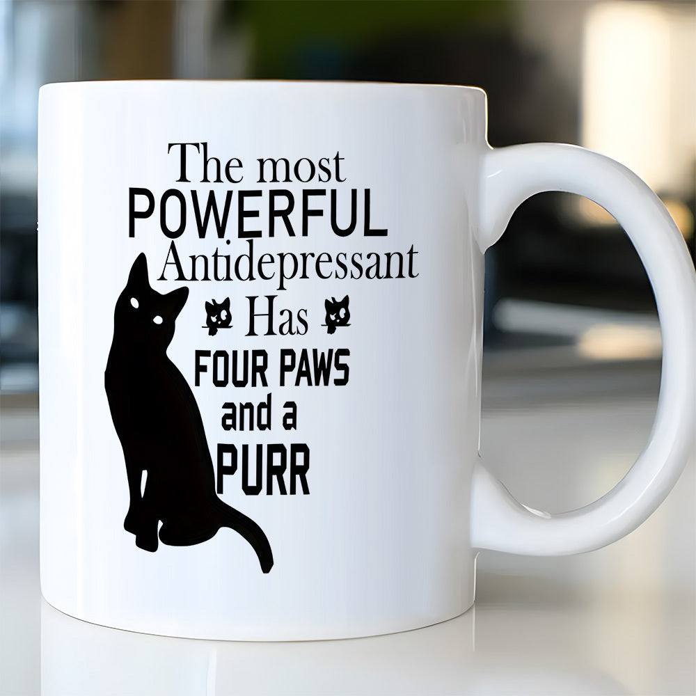 Tailorly White Ceramic 11 oz Mug - The Most Powerful Antidepressant Has Four Paws And A Purr Minimalist Silhouette Featuring A Sitting Feline Beside Bold