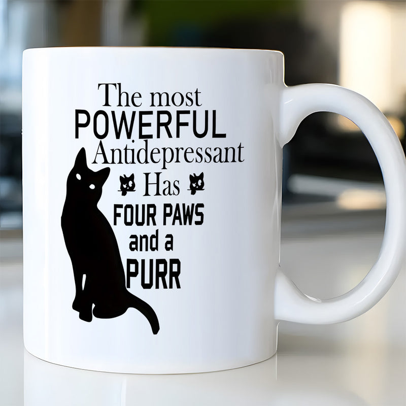 Tailorly White Ceramic 11 oz Mug - The Most Powerful Antidepressant Has Four Paws And A Purr Minimalist Silhouette Featuring A Sitting Feline Beside Bold