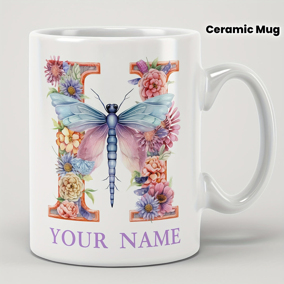 Tailorly White Ceramic 11 oz Mug - Your Name Watercolor Wings With Blooming Garden Flowers Around A Vintage Letter Dragonfly