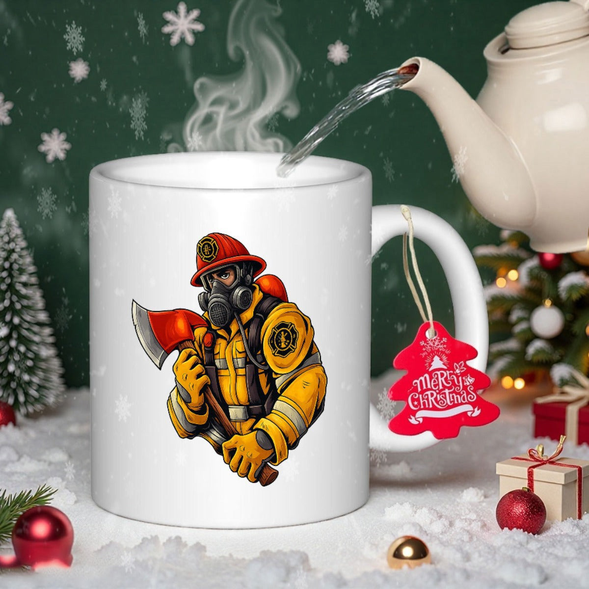 Tailorly White Ceramic 11 oz Mug - Brave Heroic Firefighter Wearing Yellow Gear And Holding A Red Axe Firefighter
