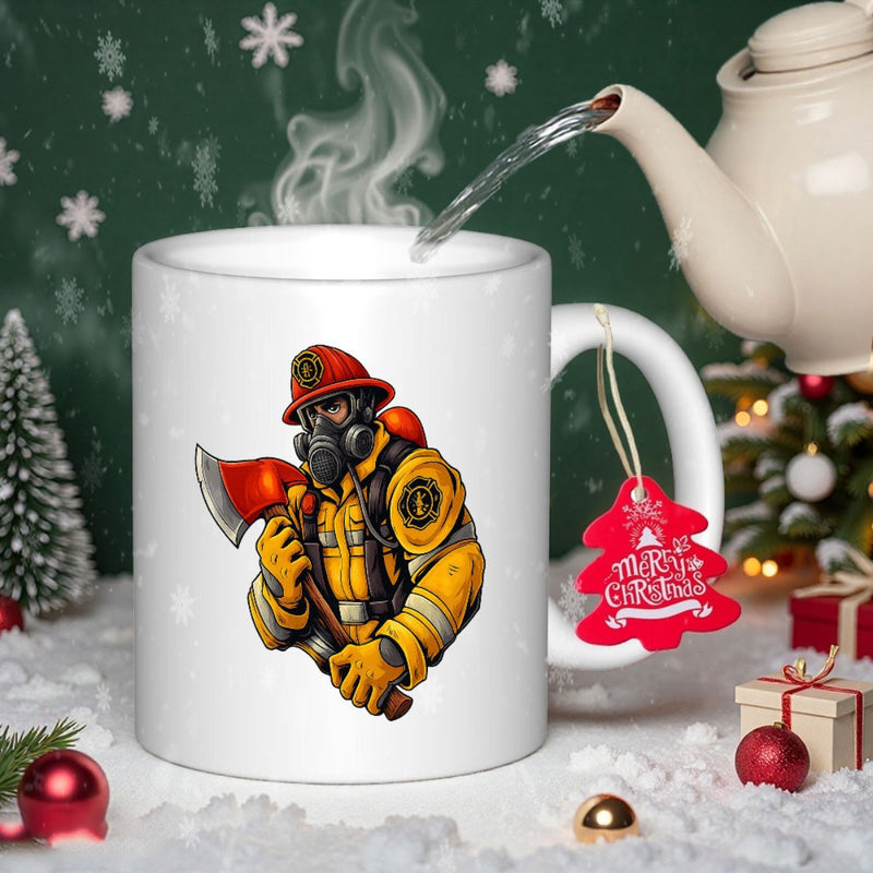 Tailorly White Ceramic 11 oz Mug - Brave Heroic Firefighter Wearing Yellow Gear And Holding A Red Axe Firefighter