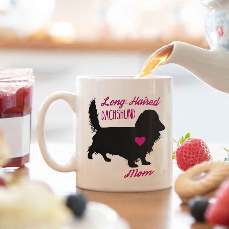 Tailorly White Ceramic 11 oz Mug - Long Haired Dachshund Mom Black Silhouette Profile Featuring Heart Symbol Standing On White Surface Dachshund