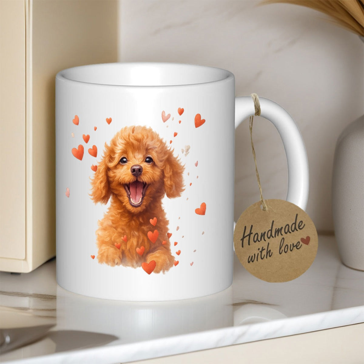 Tailorly White Ceramic 11 oz Mug - Adorable Brown Fluffy Puppy Smiling Among Floating Red Heart Shapes Poodle