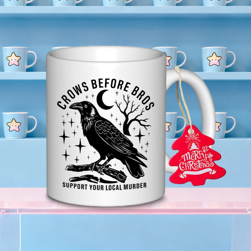 Tailorly White Ceramic 11 oz Mug - Crows Before Bros Support Your Local Murder Dark Detailed Raven Perched Under Moonlight Among Sparkling Stars Raven