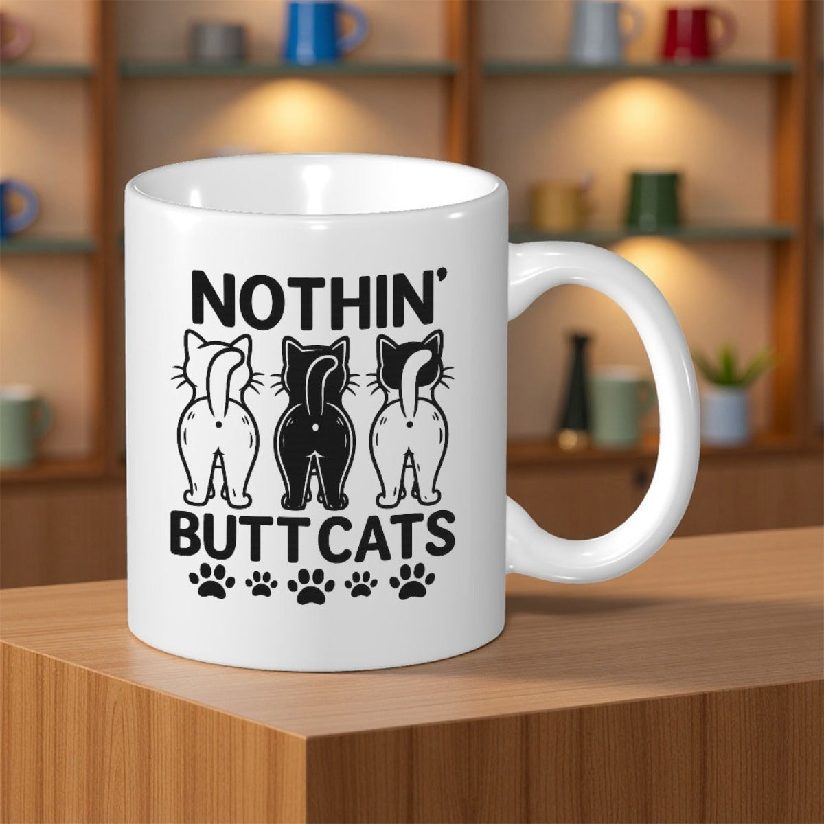 Tailorly White Ceramic 11 oz Mug - Nothin Butt Cats Three Playful Cartoon Felines Viewed From Behind Showing Their Tails Cat