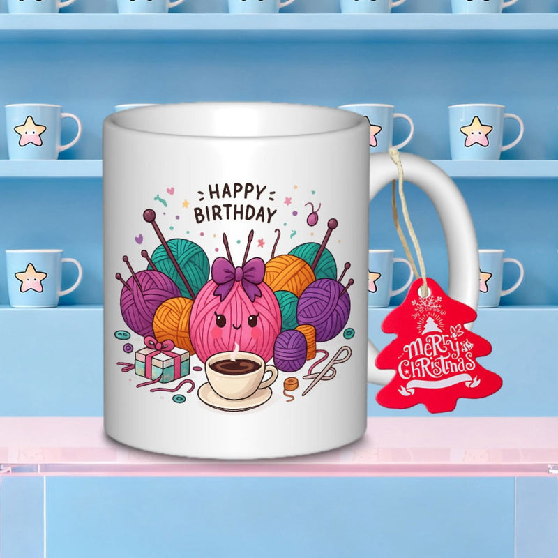 Tailorly White Ceramic 11 oz Mug - Happy Birthday Merry Christmas Colorful Knitted Balls Of Yarn With Needles And Steaming Coffee Yarn