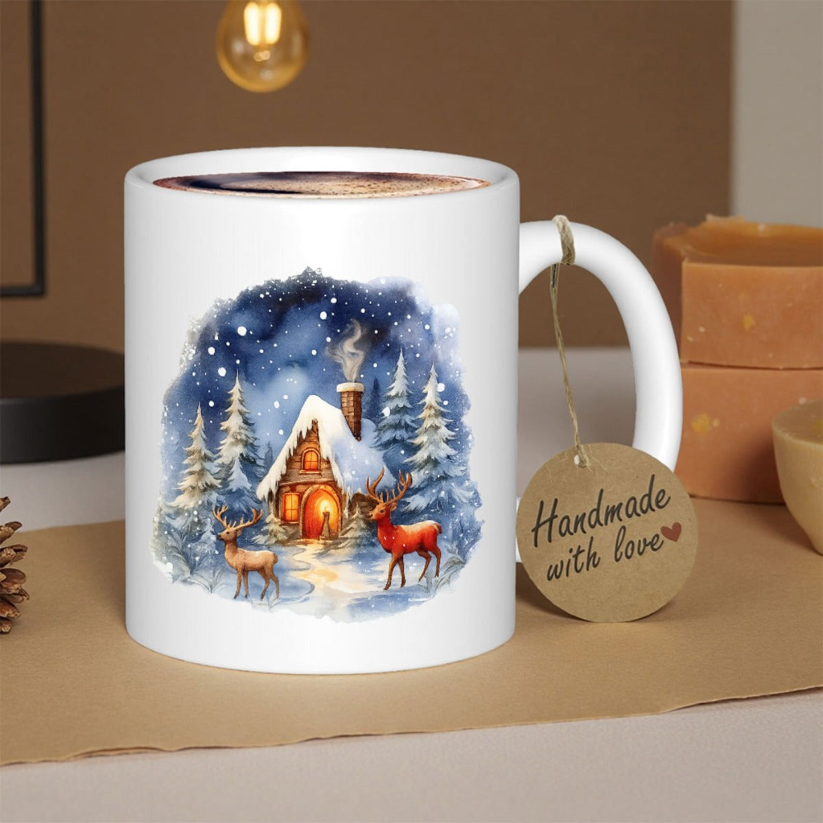 Tailorly White Ceramic 11 oz Mug - Cozy Snowy Forest Scene Under Starry Sky With Reindeer And Cottage