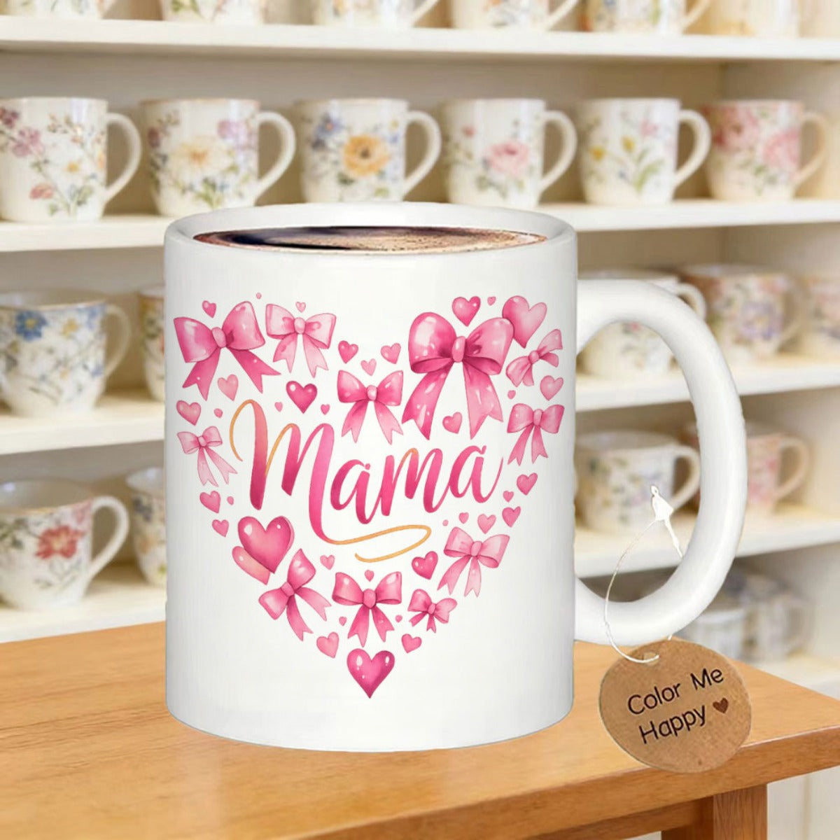 Tailorly White Ceramic 11 oz Mug - Mama Elegant Pink Bows And Soft Hearts Arranged Into A Large Heart