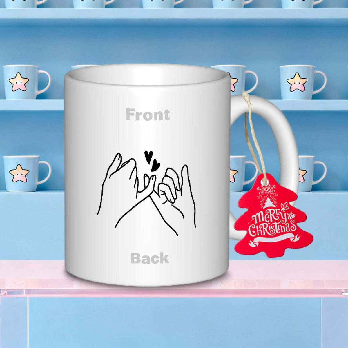 Tailorly White Ceramic 11 oz Mug - Front Back Merry Christmas Minimalist Line Art Depicting Two Hands Making A Pinky Promise Hands