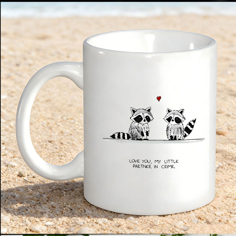 Tailorly White Ceramic 11 oz Mug - Love You My Little Partner In Crime Hand Drawn Sketch Style Raccoons Sitting Together Under Tiny Red Heart Raccoon
