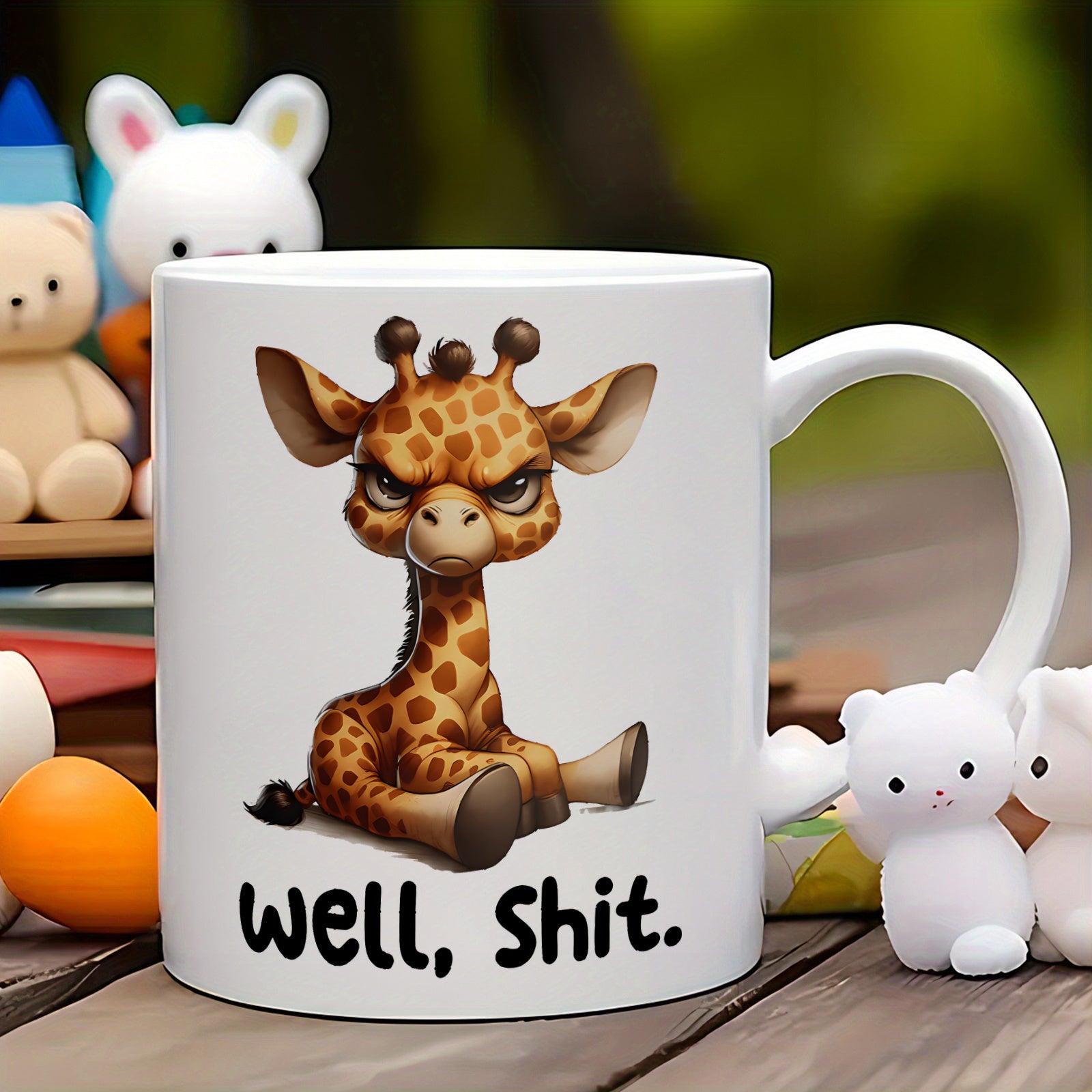 Tailorly White Ceramic 11 oz Mug - Well Shit Angry Sitting Giraffe With Spotted Patterns Resting On White Background Giraffe