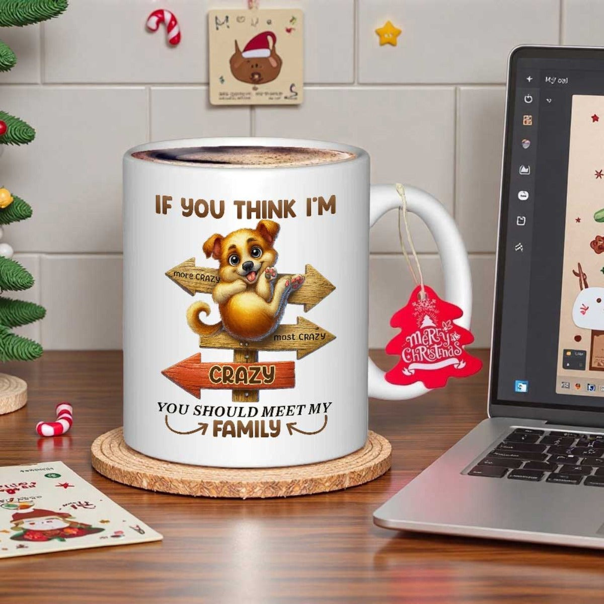 Tailorly White Ceramic 11 oz Mug - If You Think Im Crazy You Should Meet My Family Cute Cartoon Puppy Sitting On Rustic Wooden Directional Arrow Signposts Dog