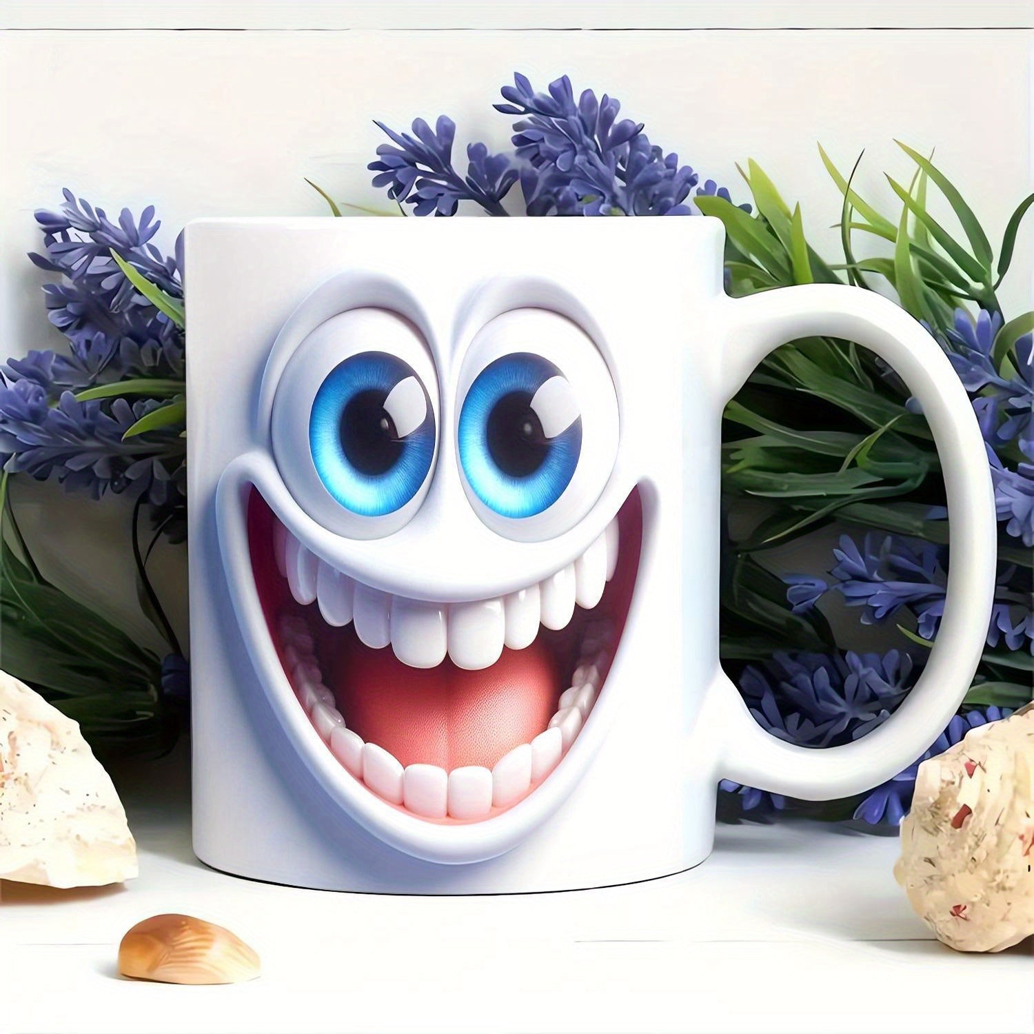 Tailorly White Ceramic 11 oz Mug - Cheerful 3D Character With Big Blue Eyes And Wide Toothy Grinning Face