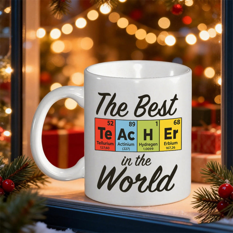 Tailorly White Ceramic 11 oz Mug - The Best Teacher In The World Vibrant Chemical Elements Representing Science Education Arranged In Colorful Periodic Squares Mug