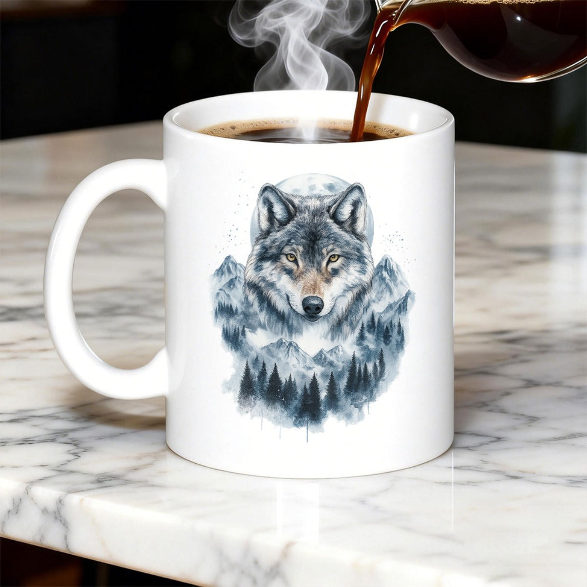 Tailorly White Ceramic 11 oz Mug - Majestic Wild Wolf Head Merged With Misty Pine Forest Mountain Landscape Wolf