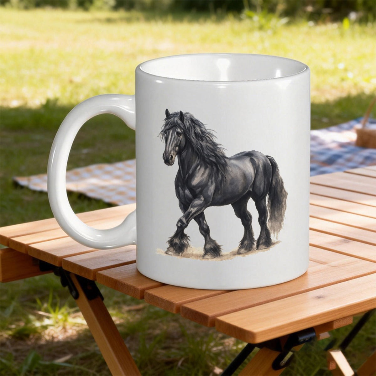 Tailorly White Ceramic 11 oz Mug - Majestic Black Stallion With Long Flowing Mane Walking On Dusty Path Horse
