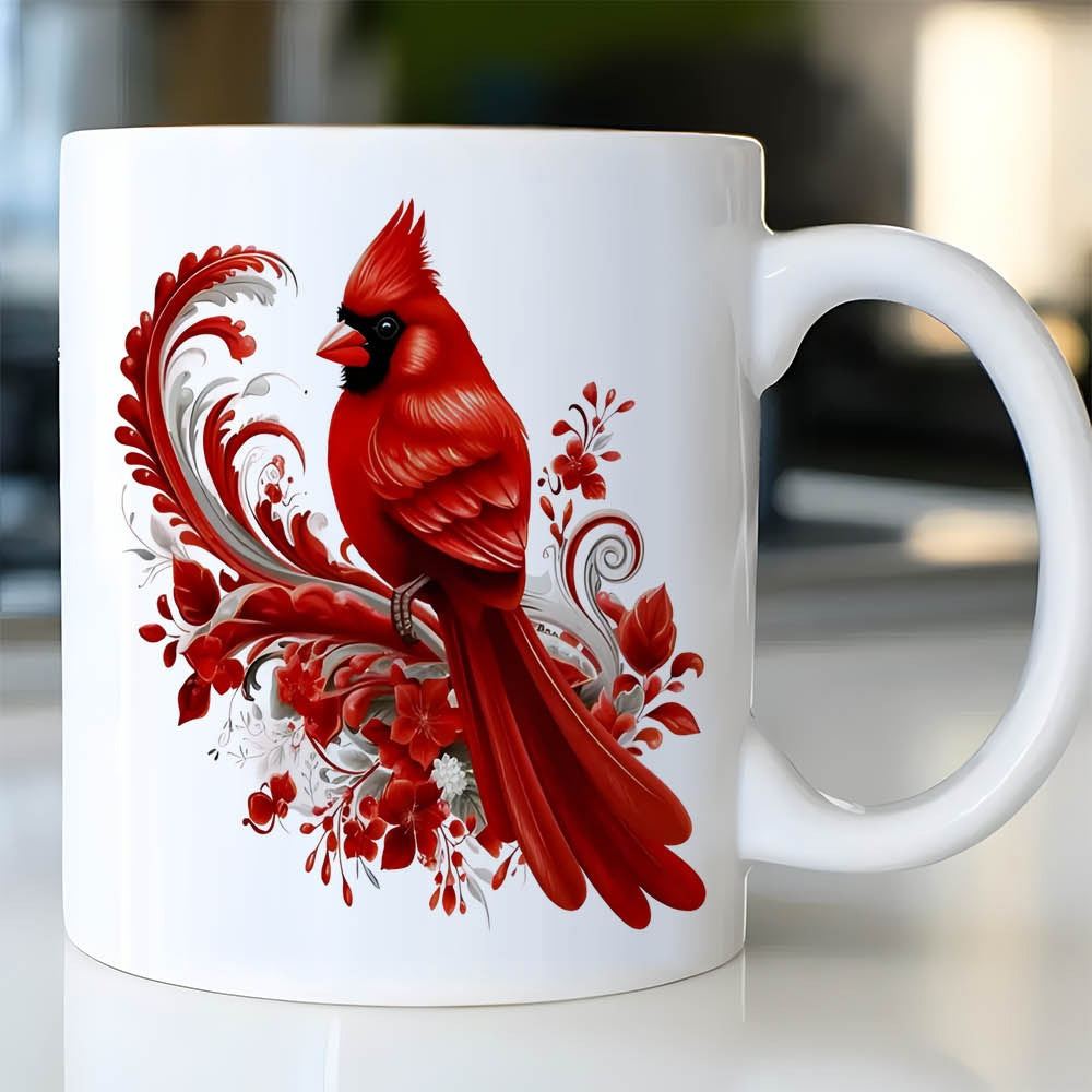 Tailorly White Ceramic 11 oz Mug - Vibrant Red Bird Among Elegant Stylized Floral Swirls And Leaves Cardinal