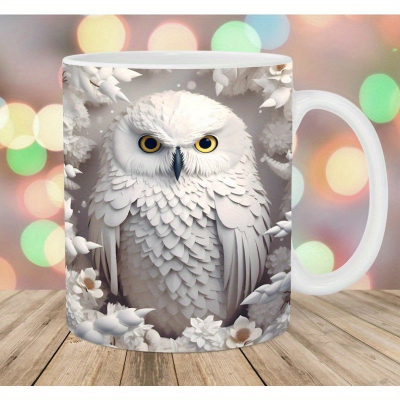 Tailorly White Ceramic 11 oz Mug - Detailed White Paper Cut Style Feathers Among Winter Flowers Owl