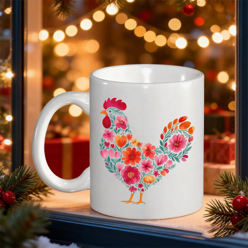 Tailorly White Ceramic 11 oz Mug - Colorful Floral Pattern Filled Silhouette Of A Standing Proud Farmhouse Rooster