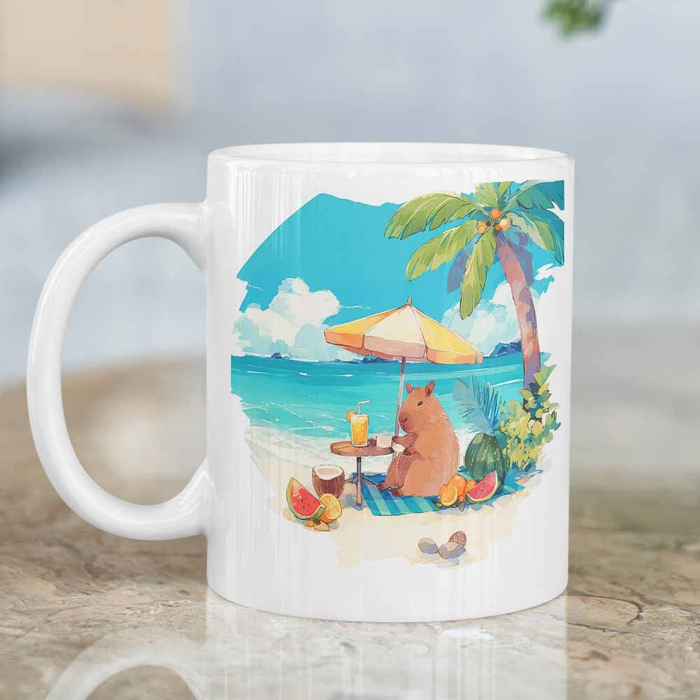 Tailorly White Ceramic 11 oz Mug - Relaxing Under A Tropical Palm Tree Beside The Sunny Ocean Shore Capybara