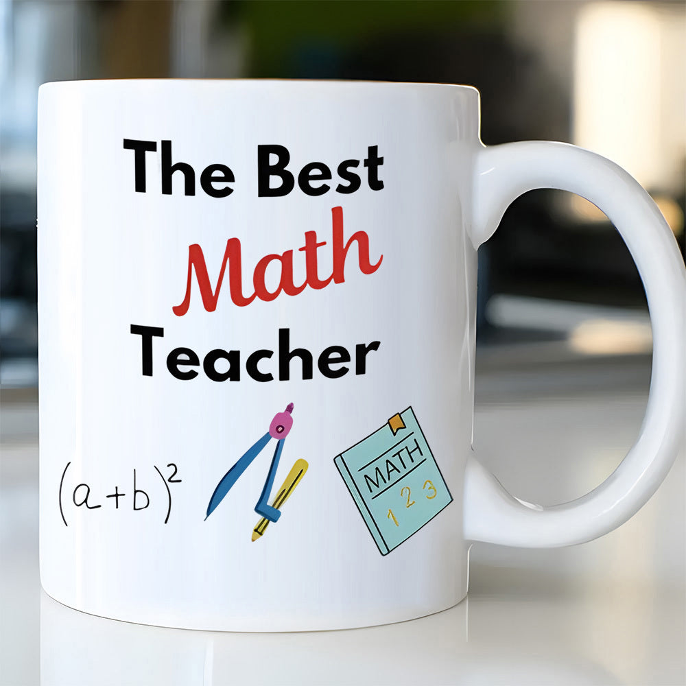 Tailorly White Ceramic 11 oz Mug - The Best Math Teacher Educational Tools For School With Compass And Green Math Notebook